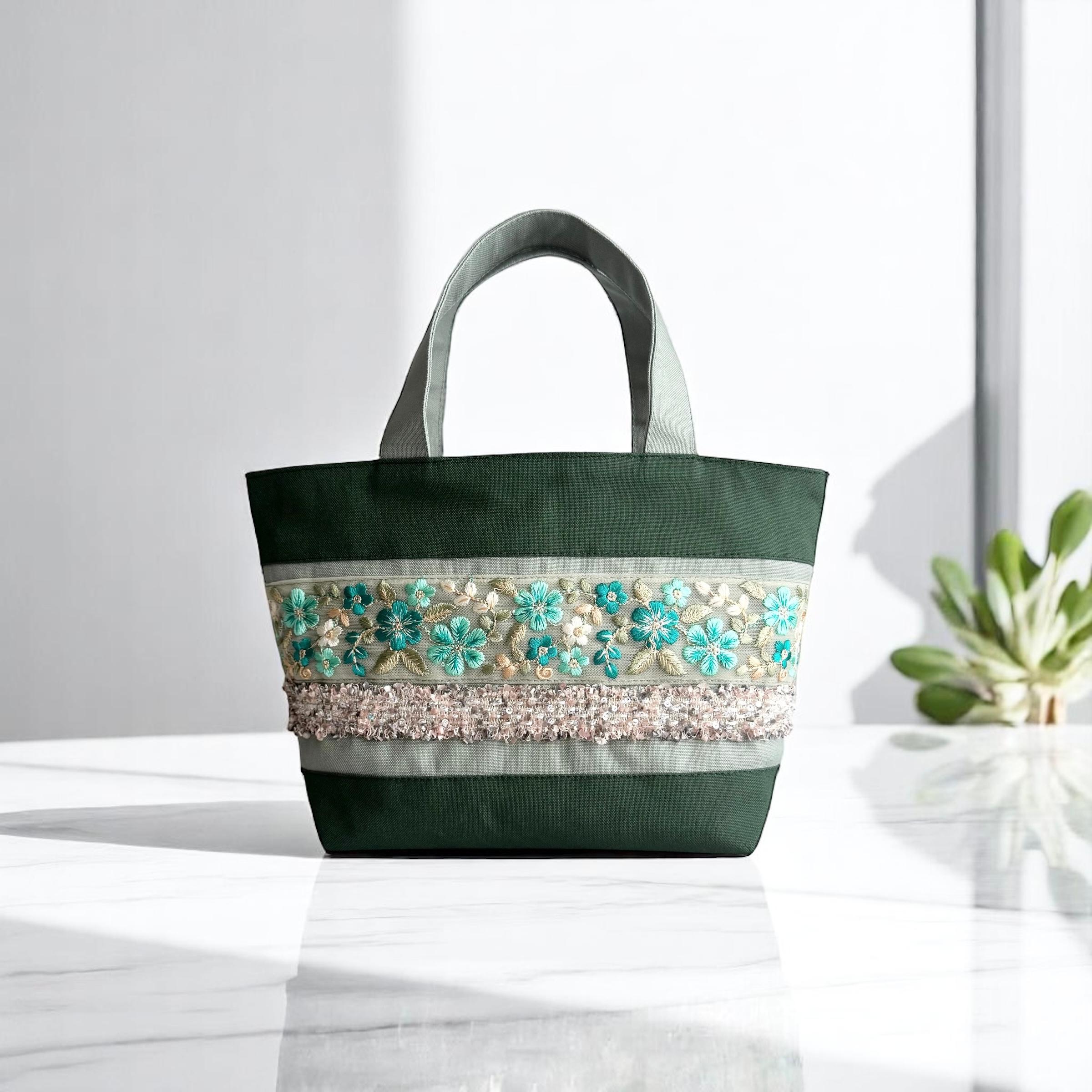 エメラルドグリーン/インド刺繍×キラキラツイード 帆布◆トートバッグ1枚目の画像