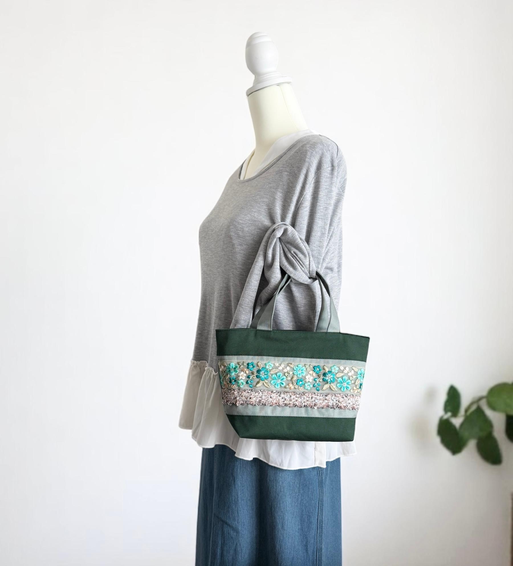 エメラルドグリーン/インド刺繍×キラキラツイード 帆布◆トートバッグ | 2枚目