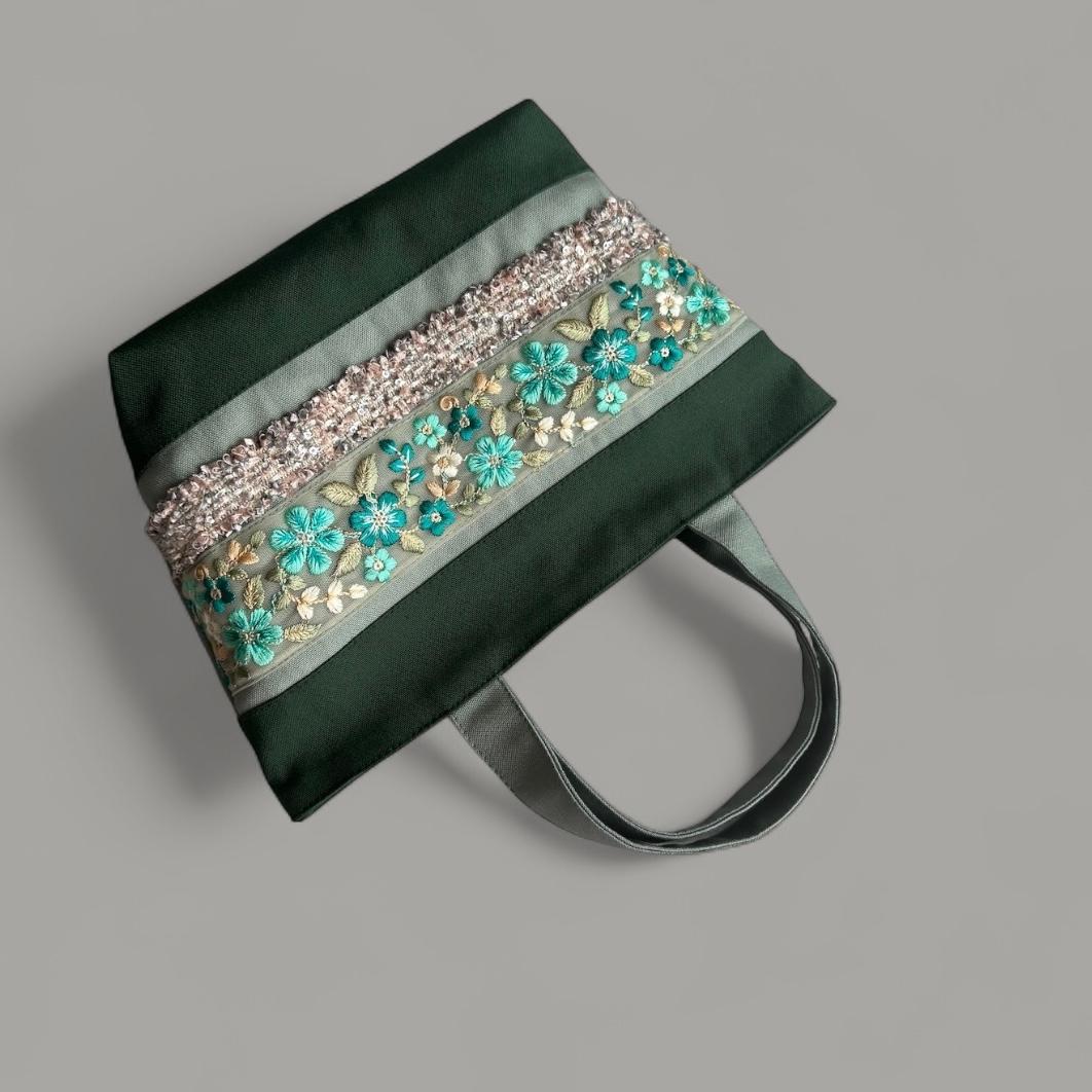 エメラルドグリーン/インド刺繍×キラキラツイード 帆布◆トートバッグ | 5枚目