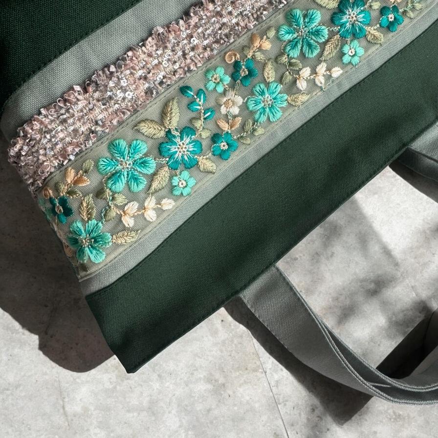 エメラルドグリーン/インド刺繍×キラキラツイード 帆布◆トートバッグ | 6枚目