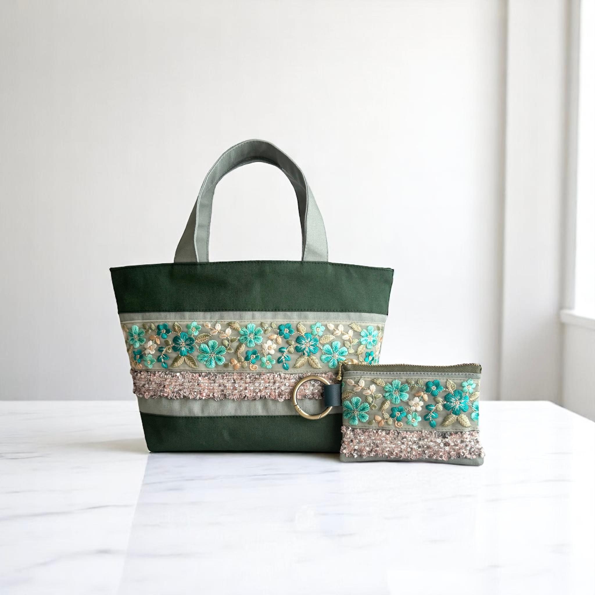 エメラルドグリーン/インド刺繍×帆布◆トートバッグ＆ポーチセット1枚目の画像