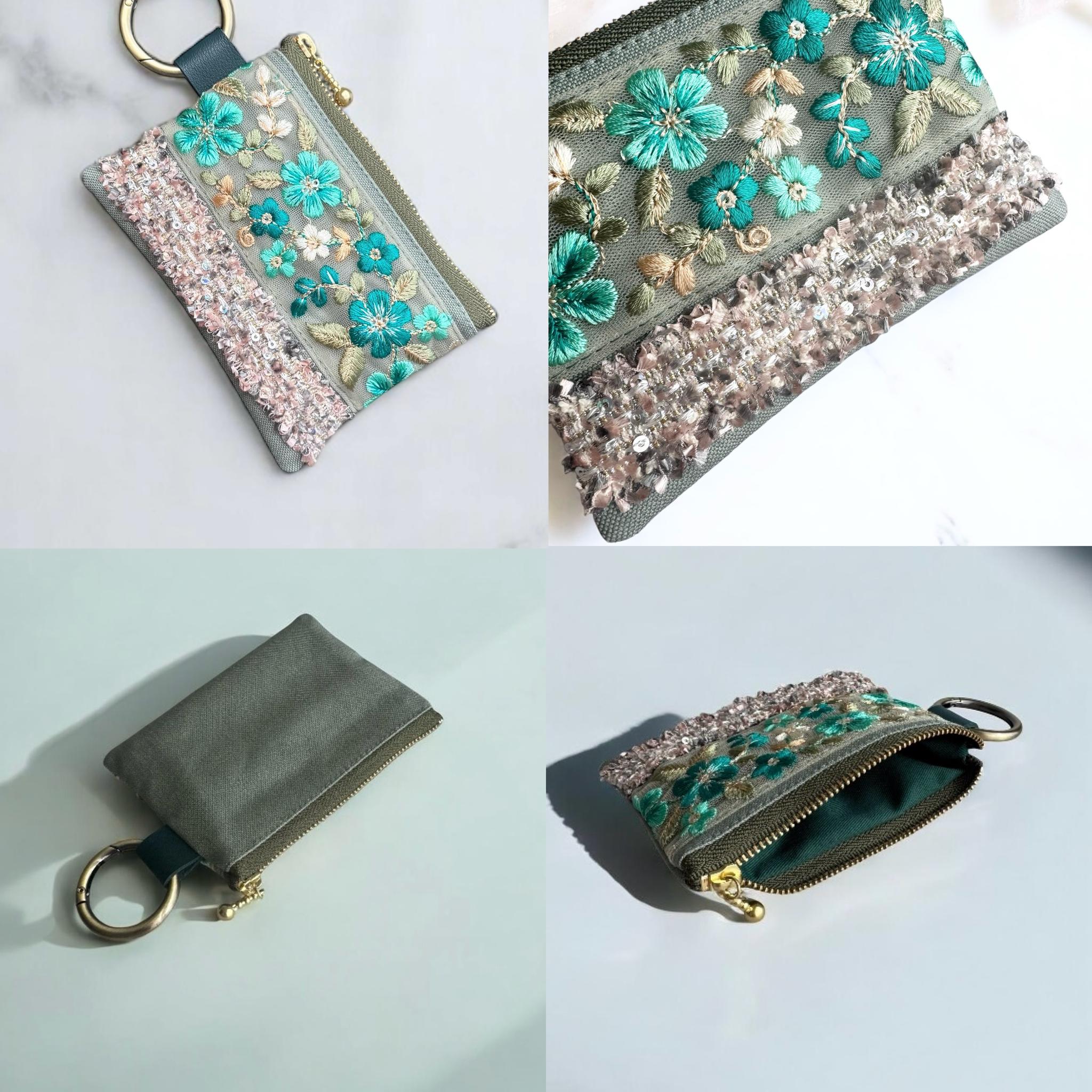 エメラルドグリーン/インド刺繍×帆布◆トートバッグ＆ポーチセット | 12枚目