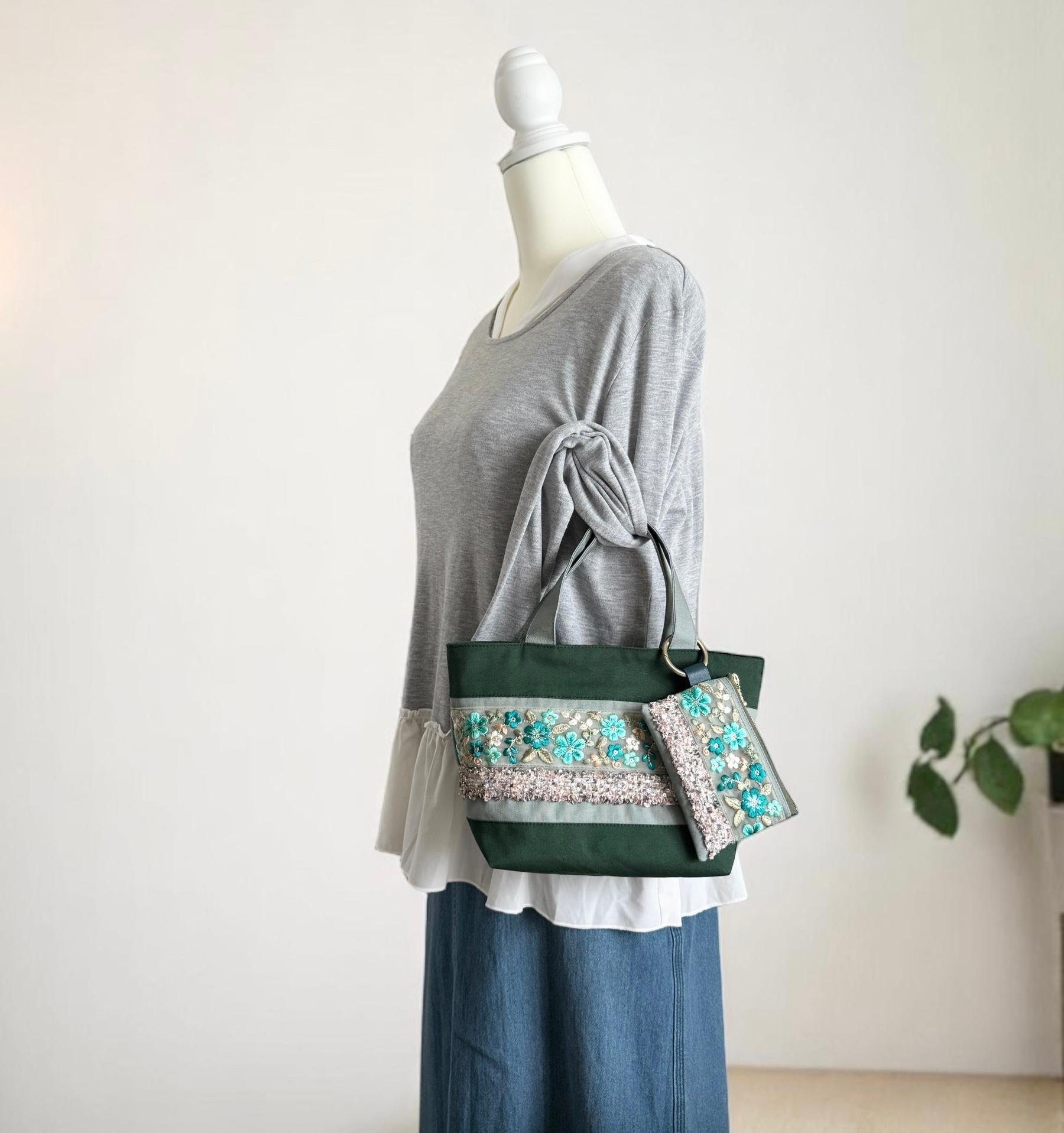 エメラルドグリーン/インド刺繍×帆布◆トートバッグ＆ポーチセット | 4枚目