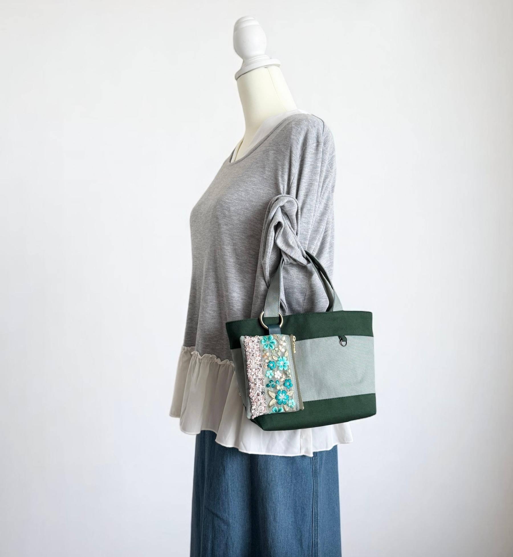 エメラルドグリーン/インド刺繍×帆布◆トートバッグ＆ポーチセット | 5枚目