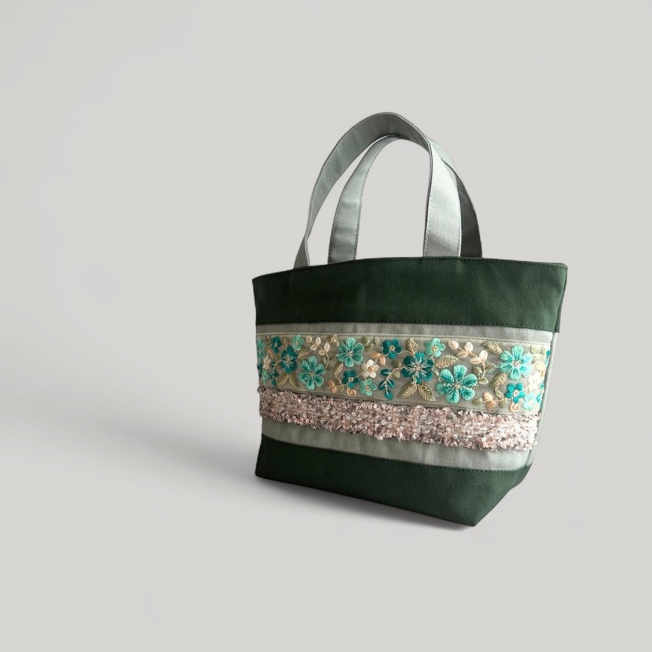 エメラルドグリーン/インド刺繍×帆布◆トートバッグ＆ポーチセット | 8枚目