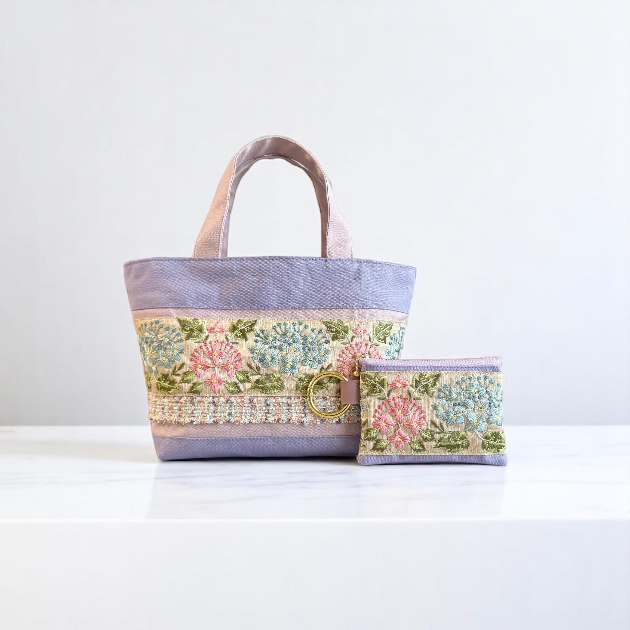 紫陽花/インド刺繍×帆布◆トートバッグ＆ポーチセット1枚目の画像