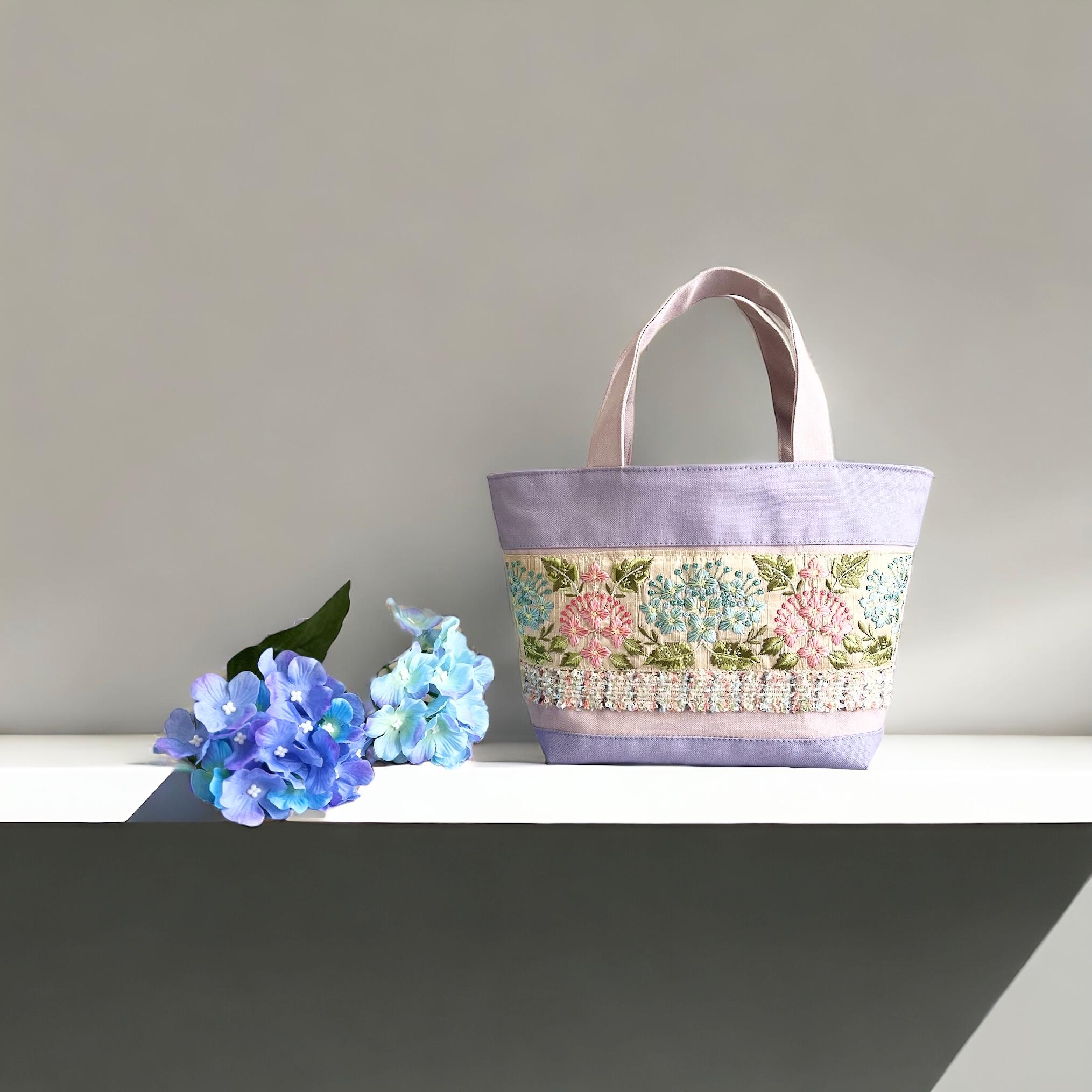 紫陽花/インド刺繍×帆布◆トートバッグ＆ポーチセット | 2枚目