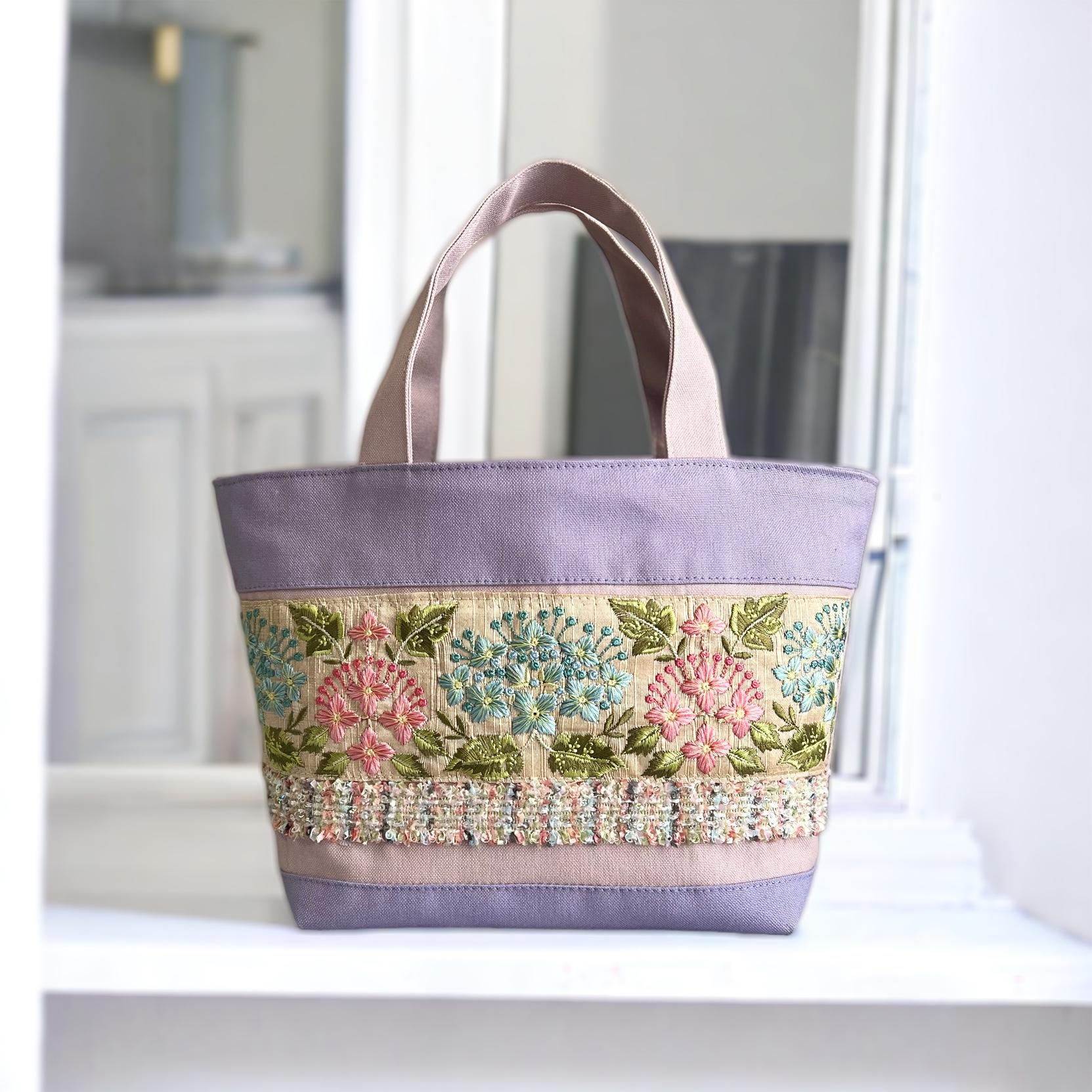 紫陽花/インド刺繍×帆布◆トートバッグ＆ポーチセット | 5枚目