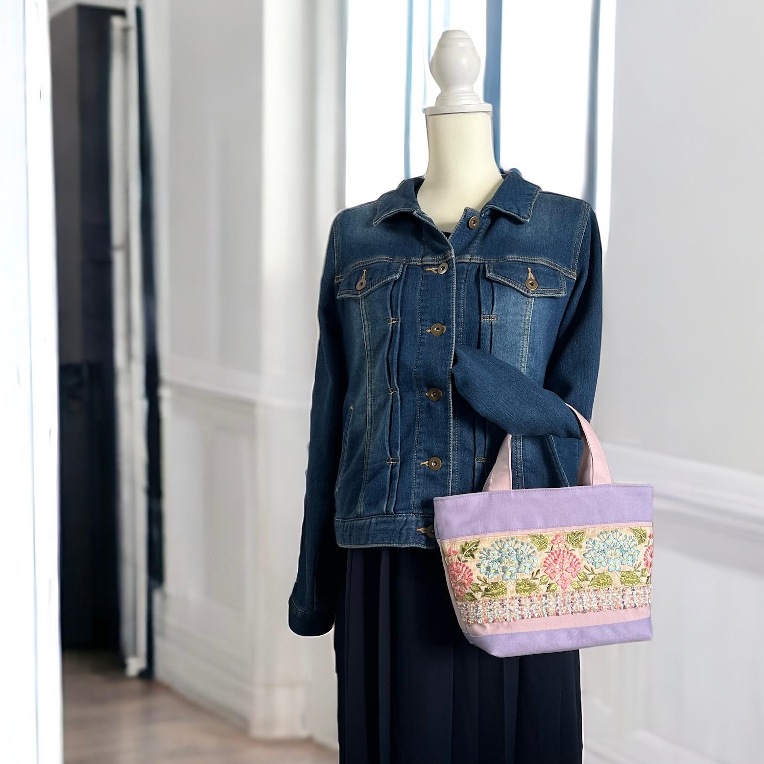 紫陽花/インド刺繍×帆布◆トートバッグ＆ポーチセット | 6枚目