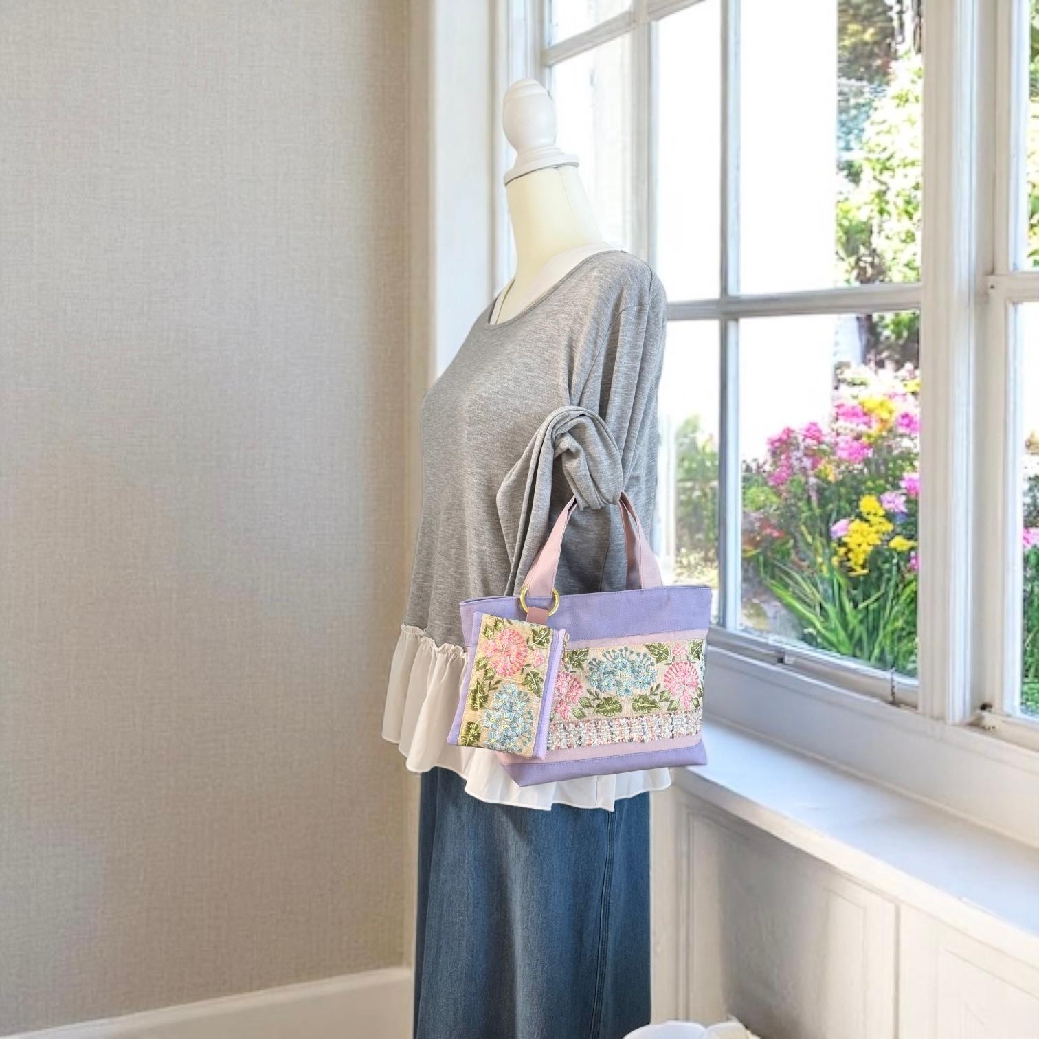 紫陽花/インド刺繍×帆布◆トートバッグ＆ポーチセット | 7枚目