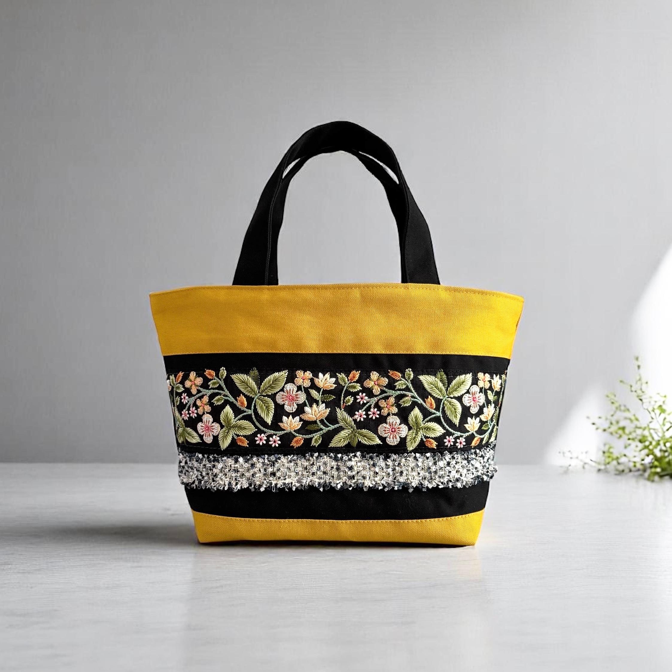【新色】流れるお花シリーズ/インド刺繍×キラキラツイード 帆布◆トートバッグ（ブラック）1枚目の画像
