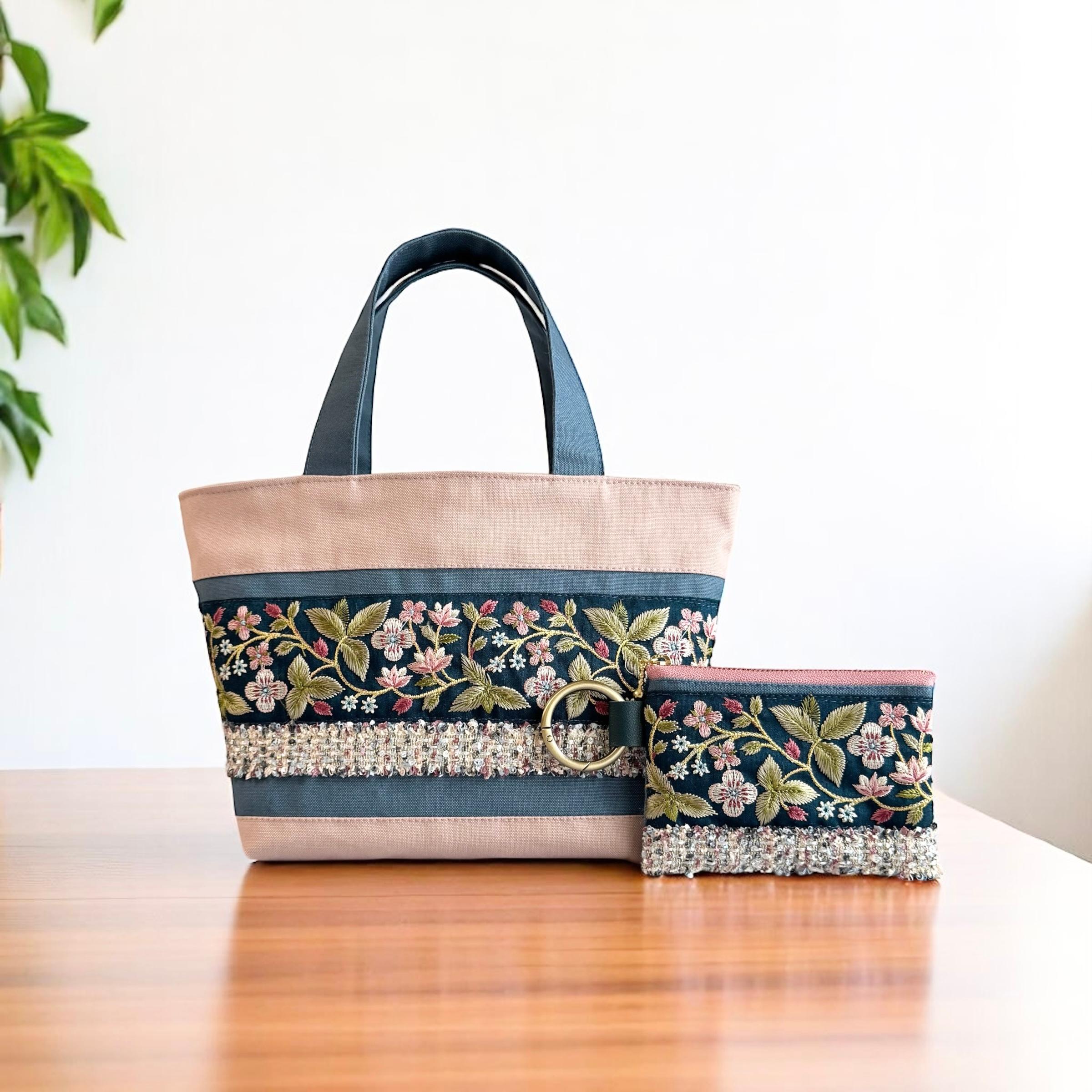 【新色】流れるお花シリーズ/インド刺繍×帆布◆トートバッグ＆ポーチセット（ブルーグリーン）1枚目の画像