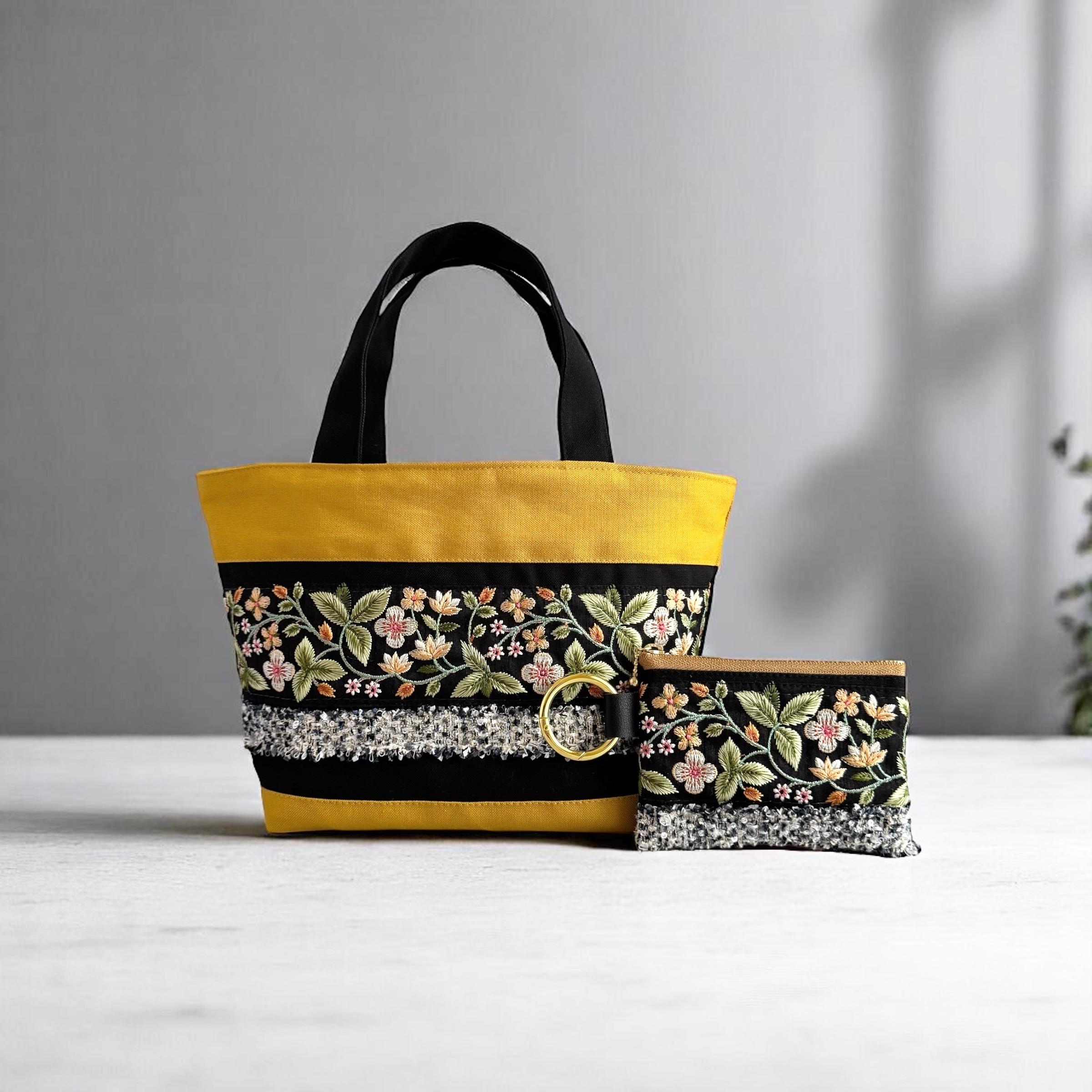 【新色】流れるお花シリーズ/インド刺繍×帆布◆トートバッグ＆ポーチセット（ブラック）1枚目の画像