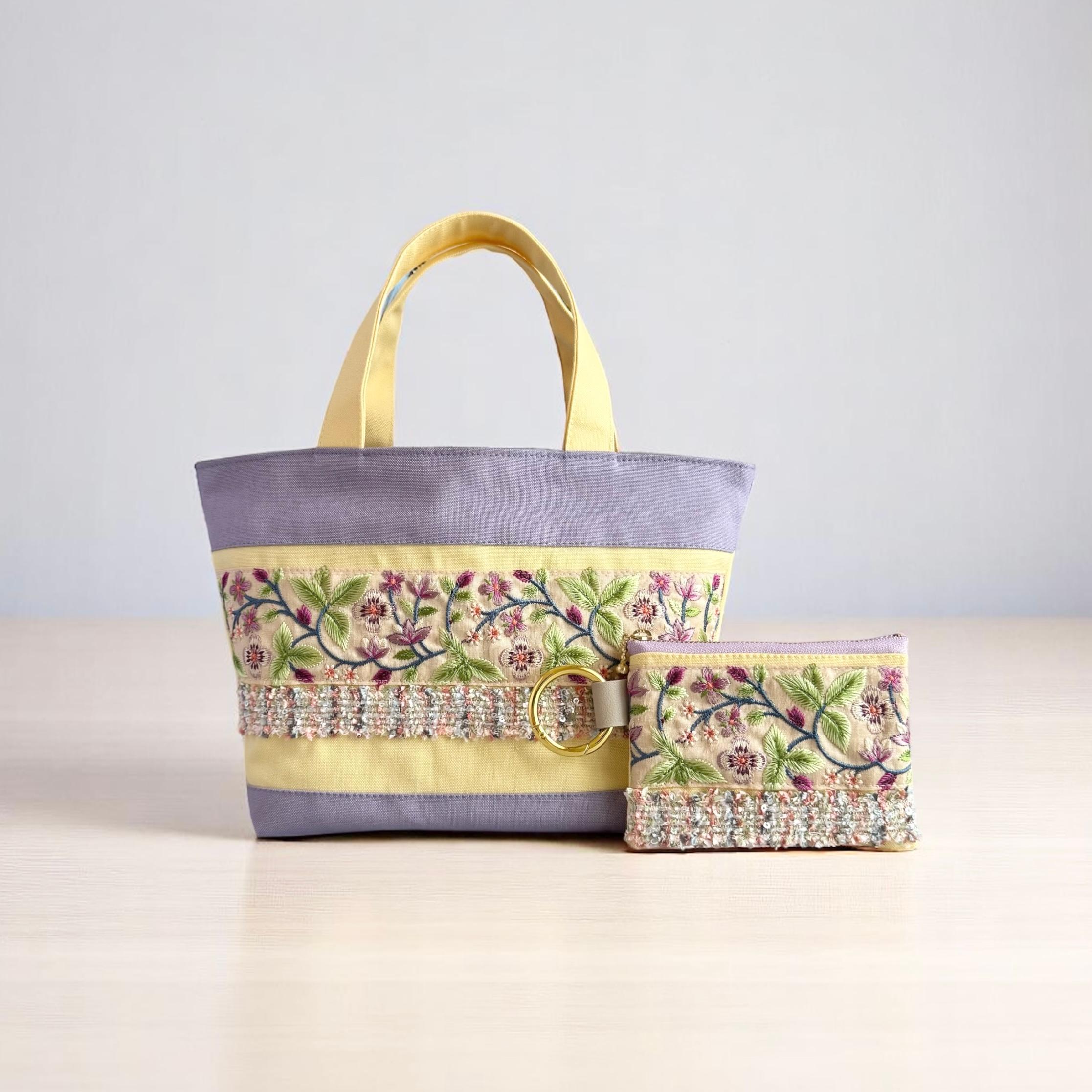 【新色】流れるお花シリーズ/インド刺繍×帆布◆トートバッグ＆ポーチセット（クリームイエロー）1枚目の画像