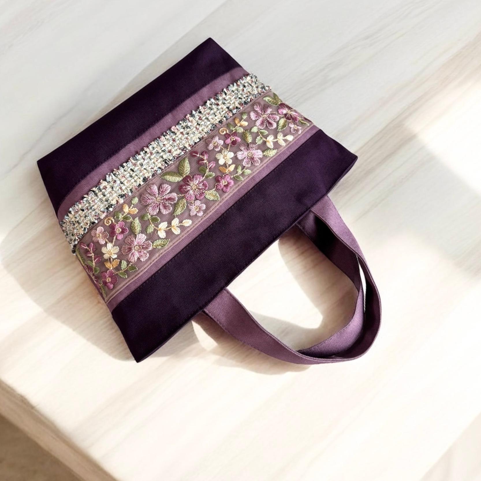 ラベンダー/インド刺繍×キラキラツイード 帆布◆トートバッグ | 6枚目