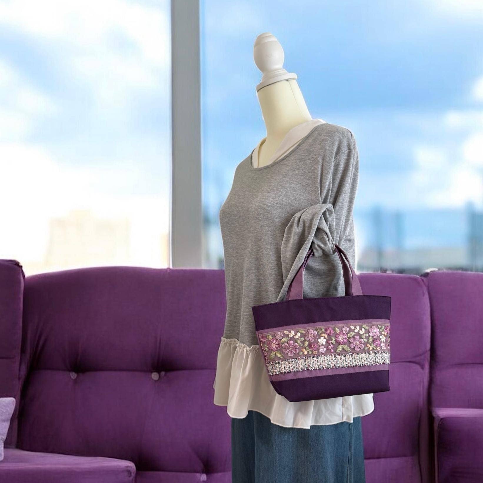 ラベンダー/インド刺繍×キラキラツイード 帆布◆トートバッグ | 7枚目