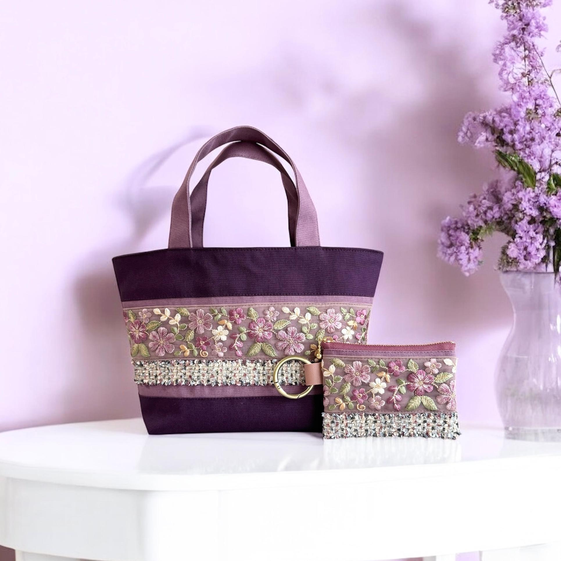 ラベンダー/インド刺繍×帆布◆トートバッグ＆ポーチセット1枚目の画像