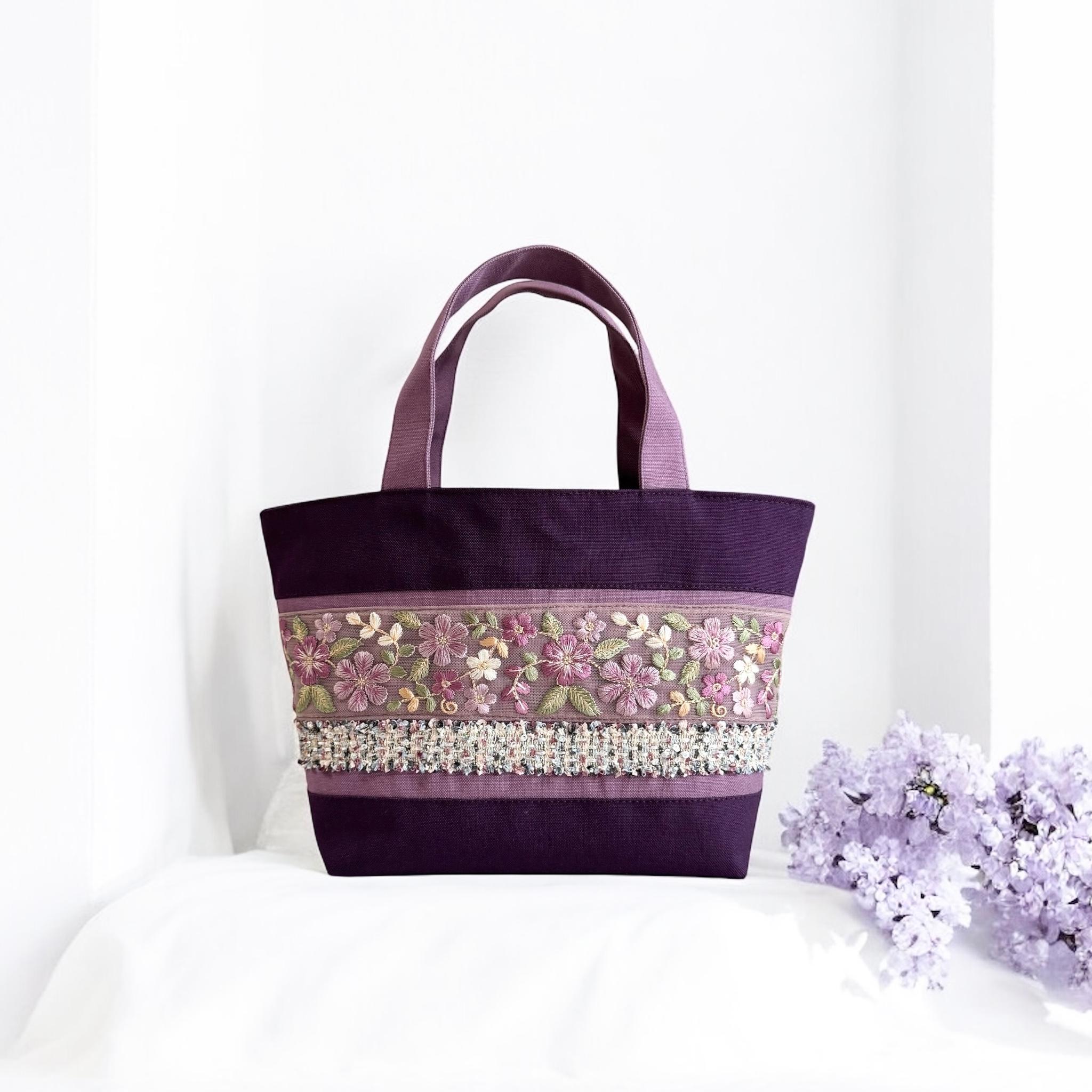 ラベンダー/インド刺繍×帆布◆トートバッグ＆ポーチセット | 2枚目