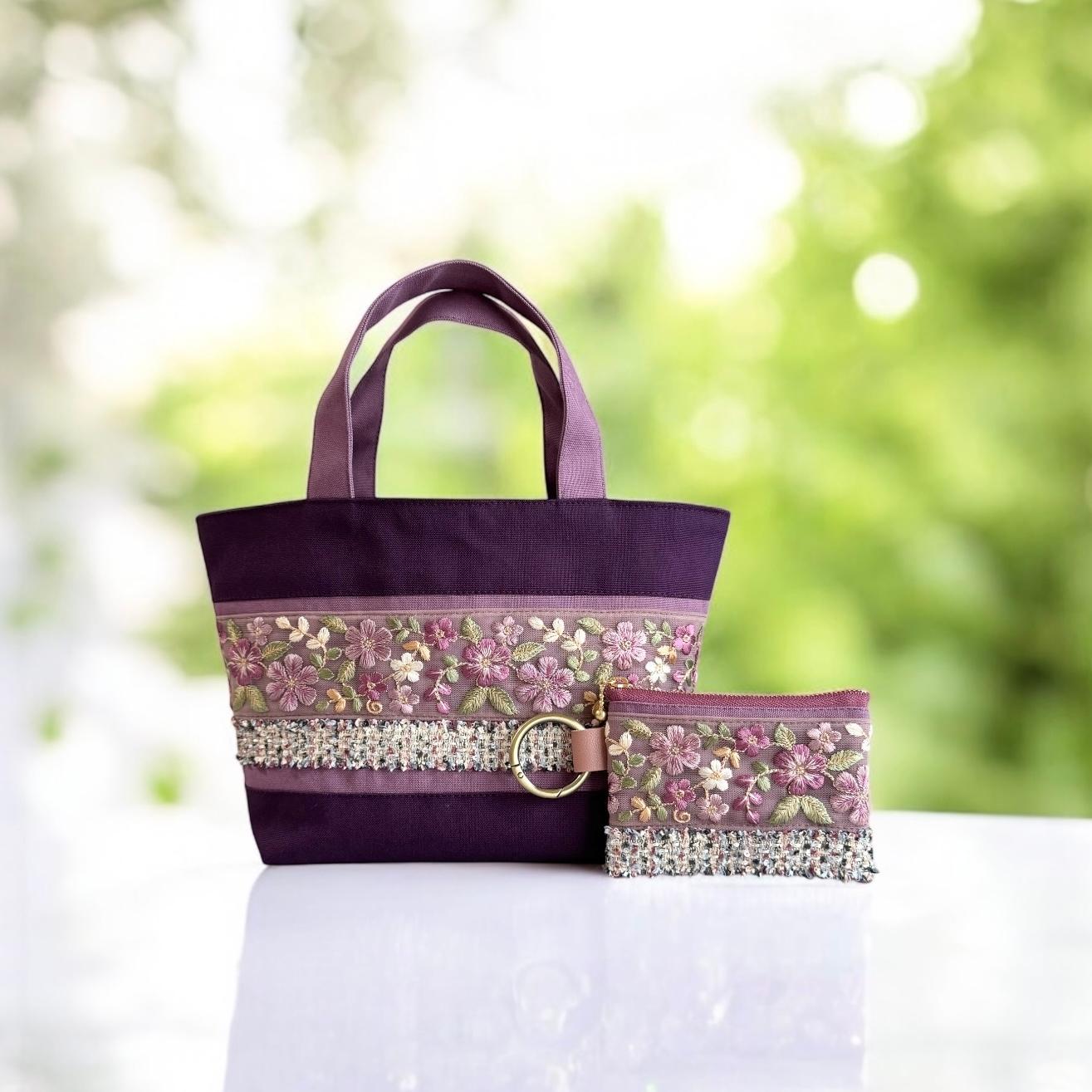 ラベンダー/インド刺繍×帆布◆トートバッグ＆ポーチセット | 3枚目