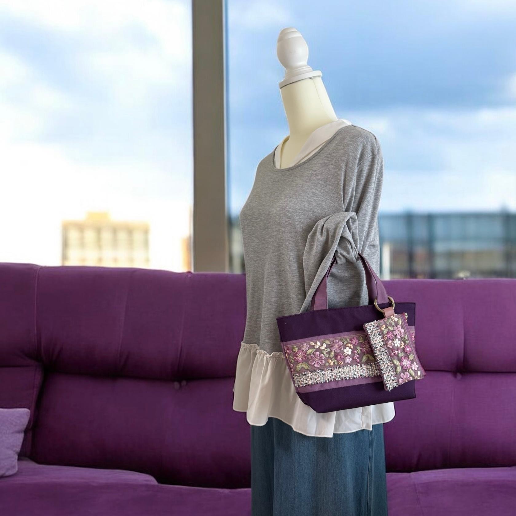 ラベンダー/インド刺繍×帆布◆トートバッグ＆ポーチセット | 4枚目