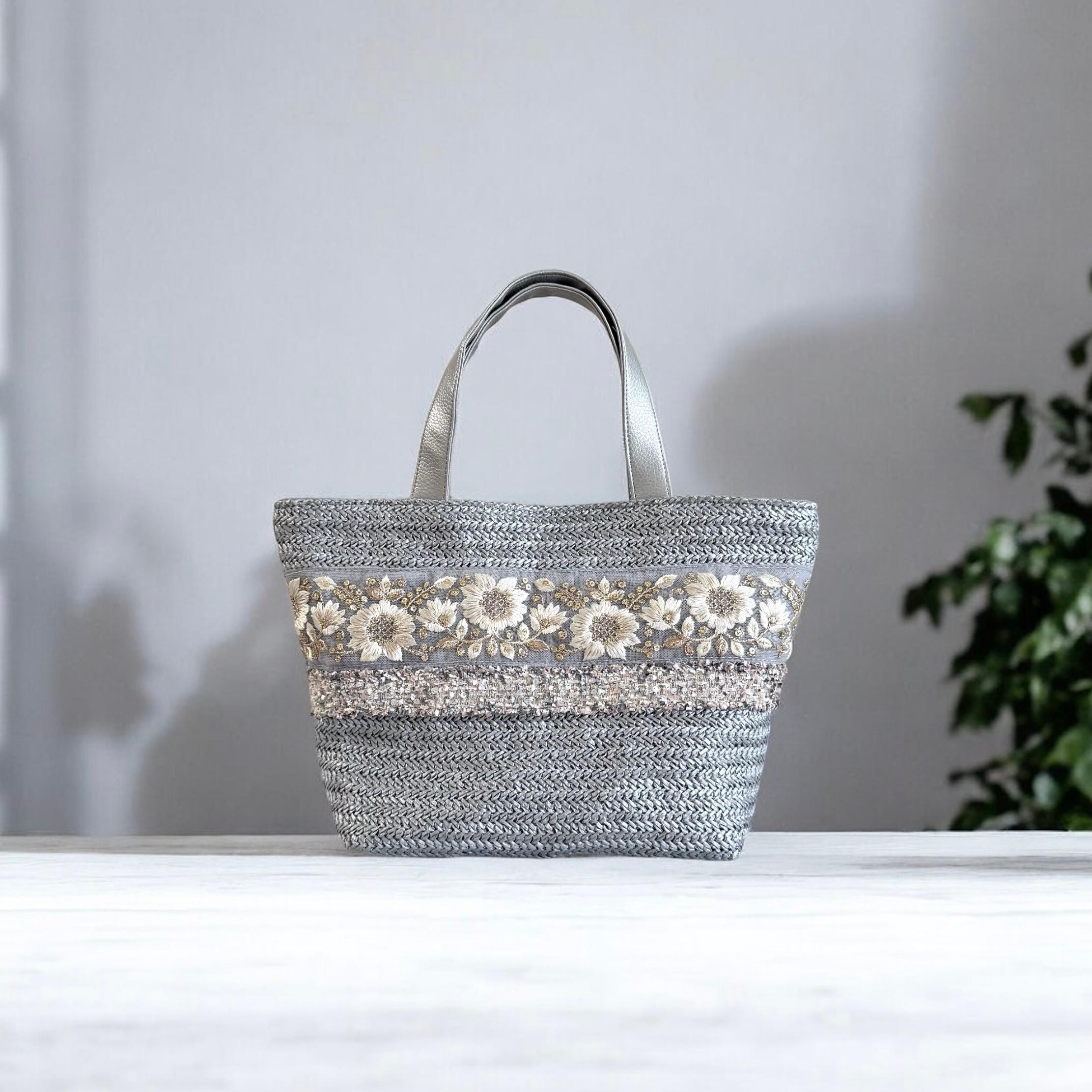 インド刺繍 かごバッグ 軽量/シルバーグレー1枚目の画像