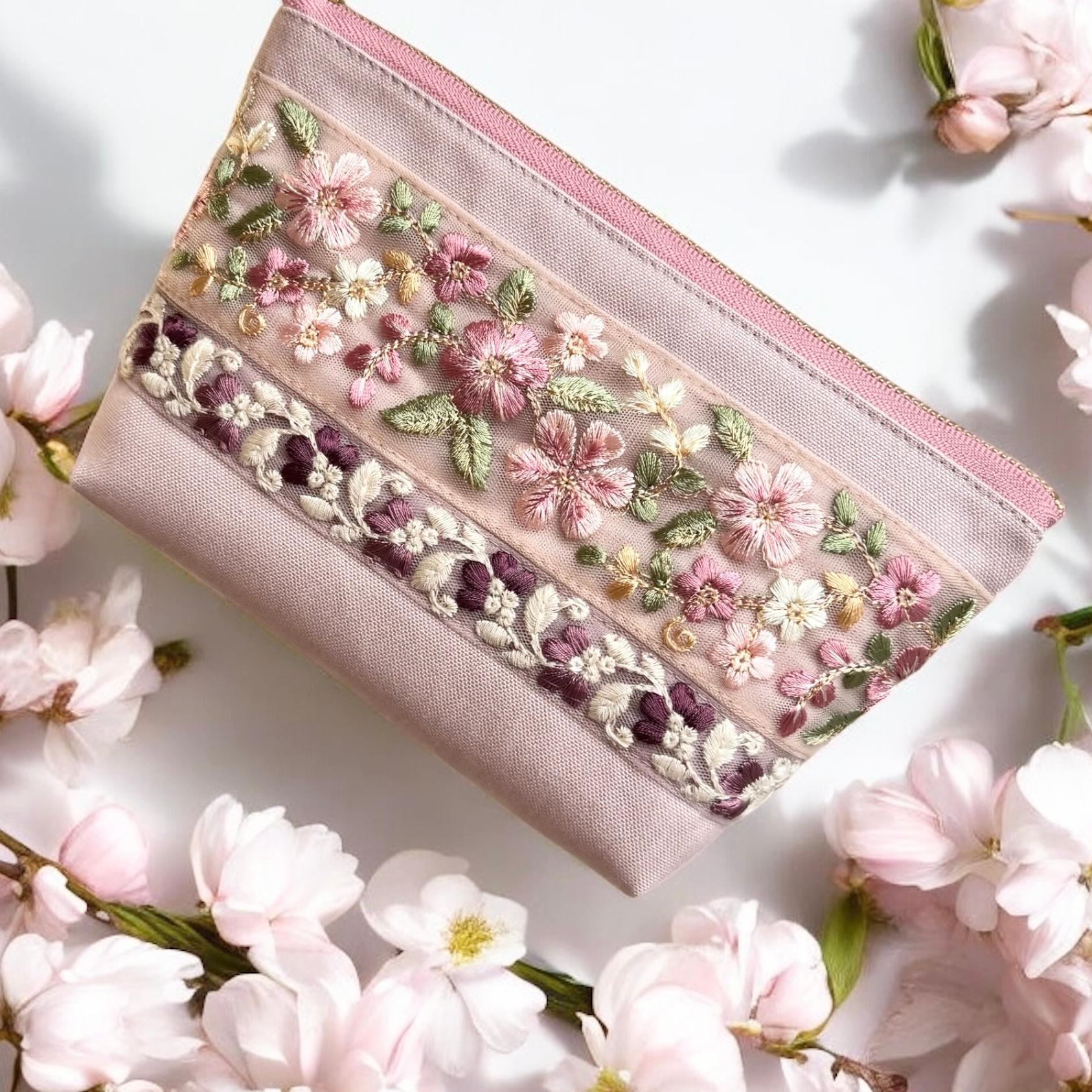 桜/インド刺繍◆外ポケット付きマチ付きポーチ/マルチポーチ【L】 | 10枚目