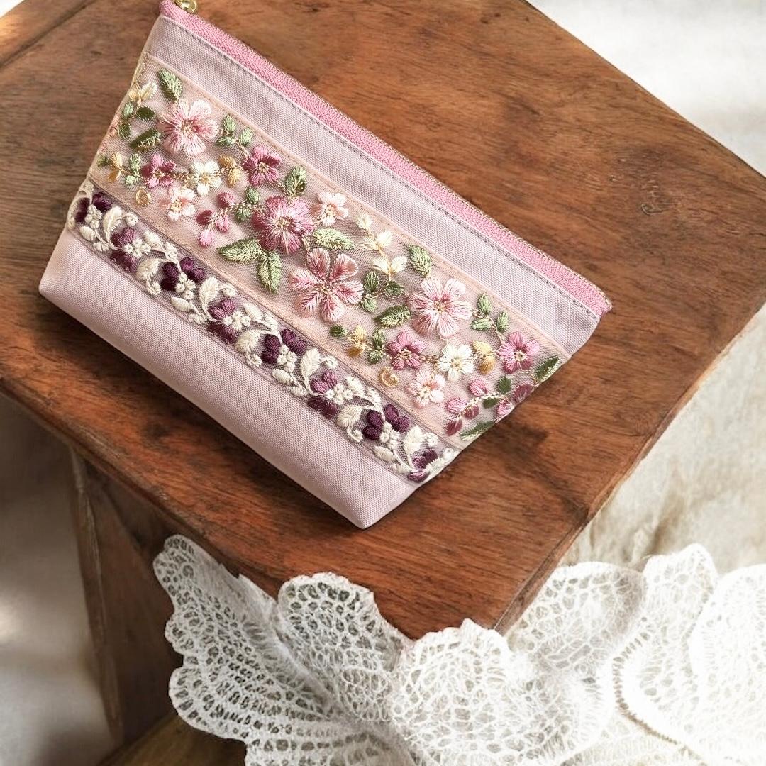 桜/インド刺繍◆外ポケット付きマチ付きポーチ/マルチポーチ【L】 | 2枚目