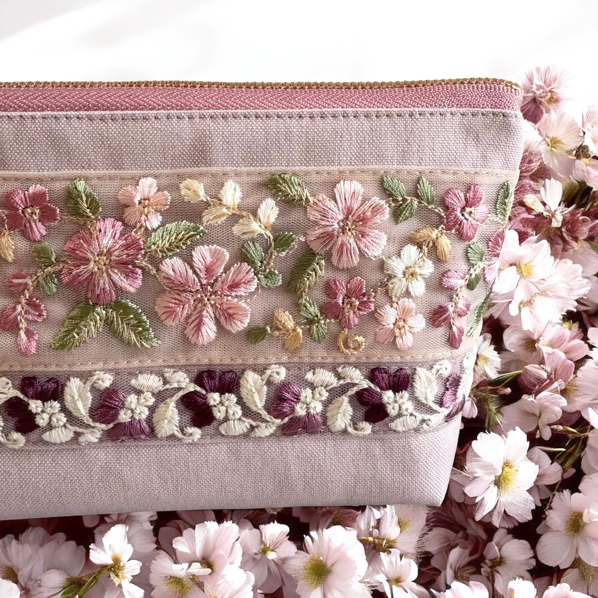 桜/インド刺繍◆外ポケット付きマチ付きポーチ/マルチポーチ【L】 | 3枚目