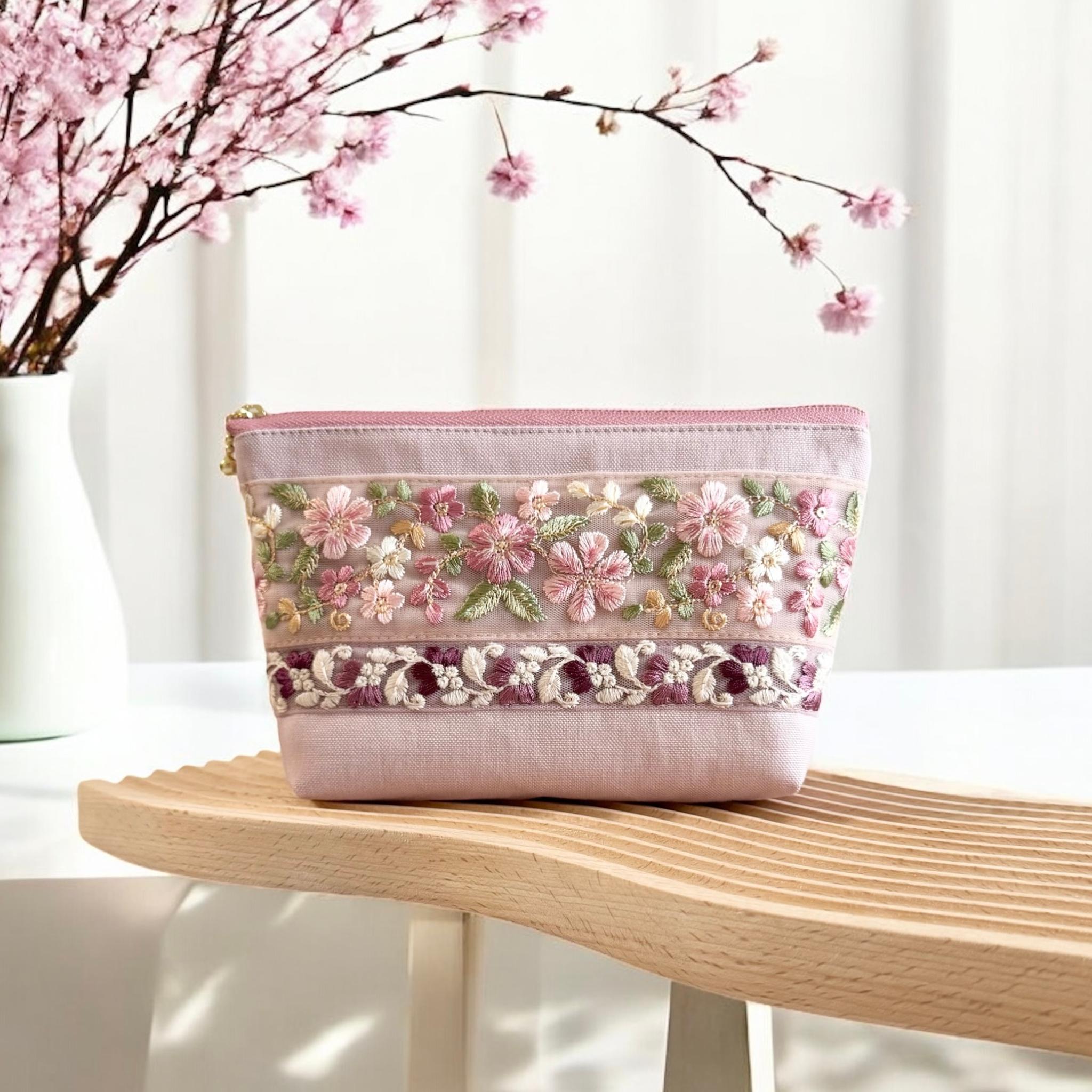 桜/インド刺繍◆外ポケット付きマチ付きポーチ/マルチポーチ【L】 | 7枚目