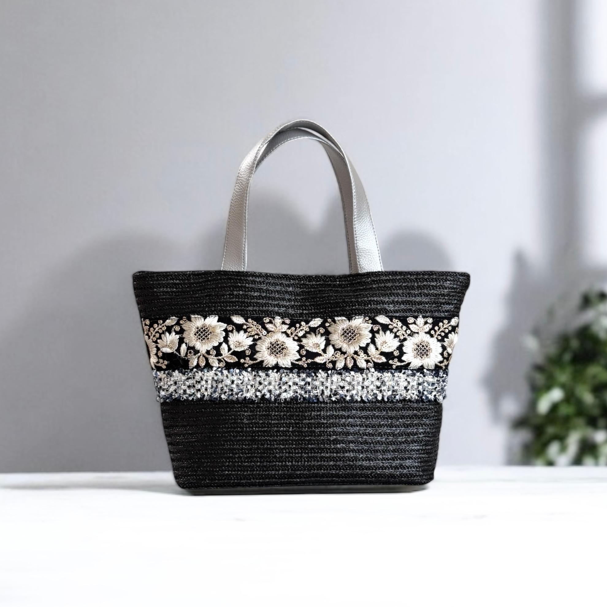 インド刺繍 かごバッグ 軽量/ブラック1枚目の画像