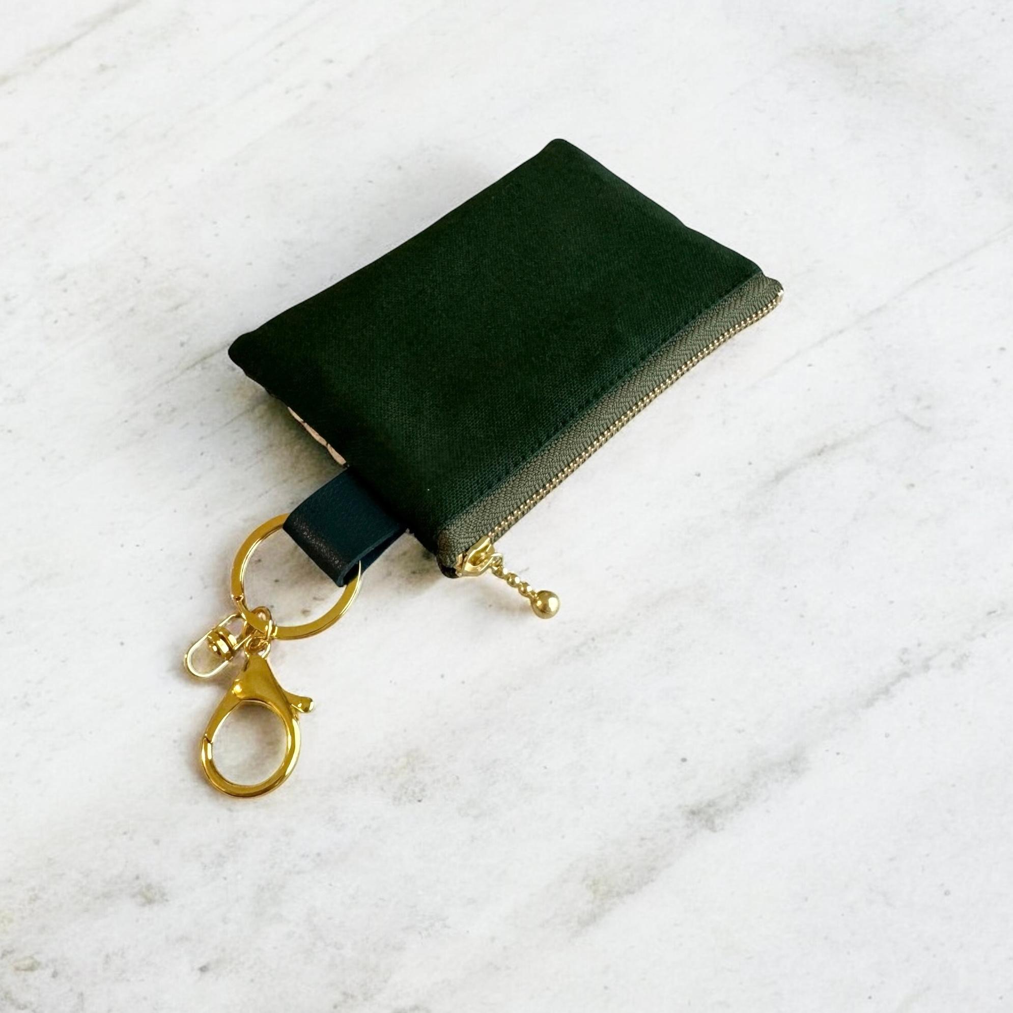 グリーンのお花柄/インド刺繍×帆布/キーホルダー付きフラットポーチ/マルチケース | 4枚目