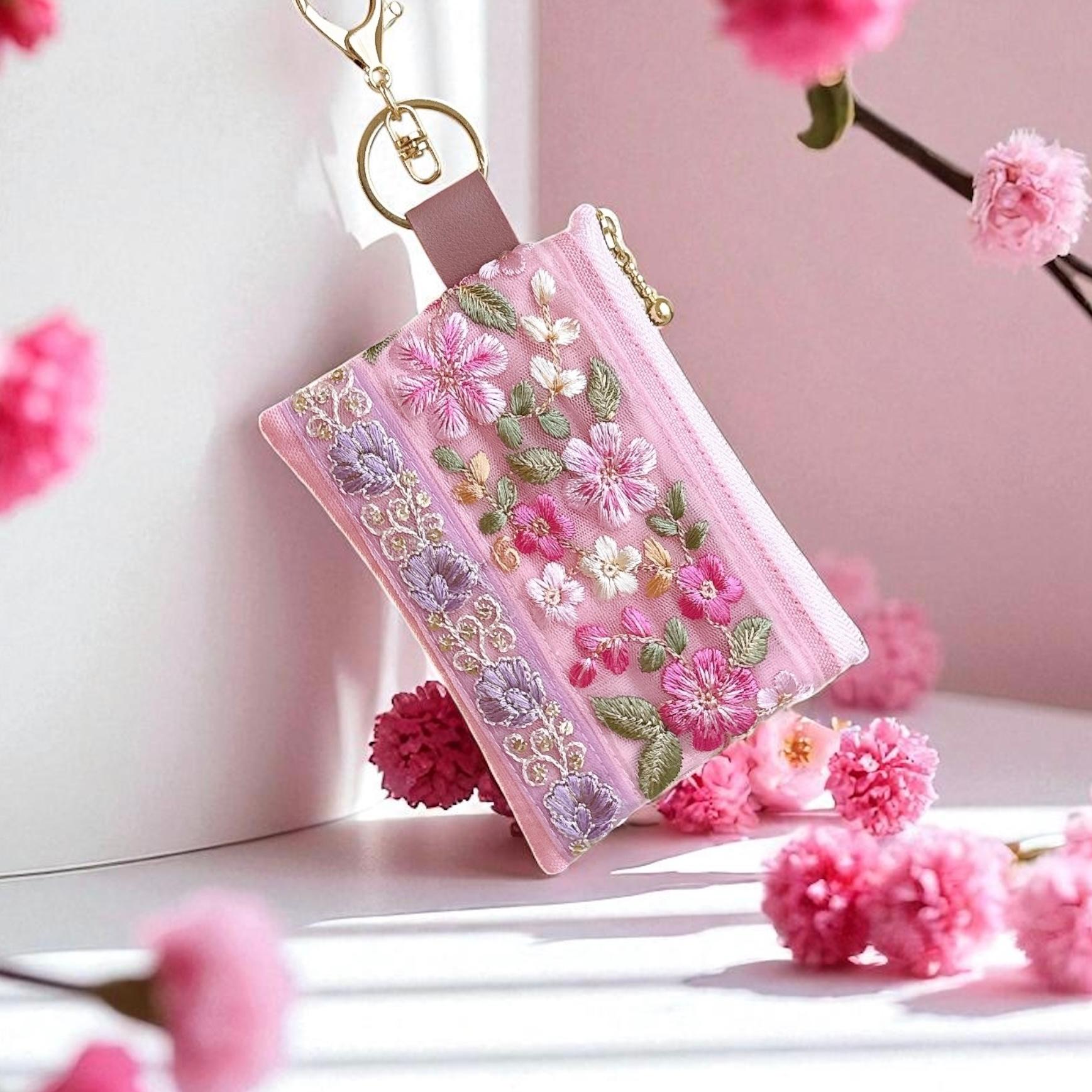 桜ピンク/インド刺繍×帆布/キーホルダー付きフラットポーチ/マルチケース1枚目の画像