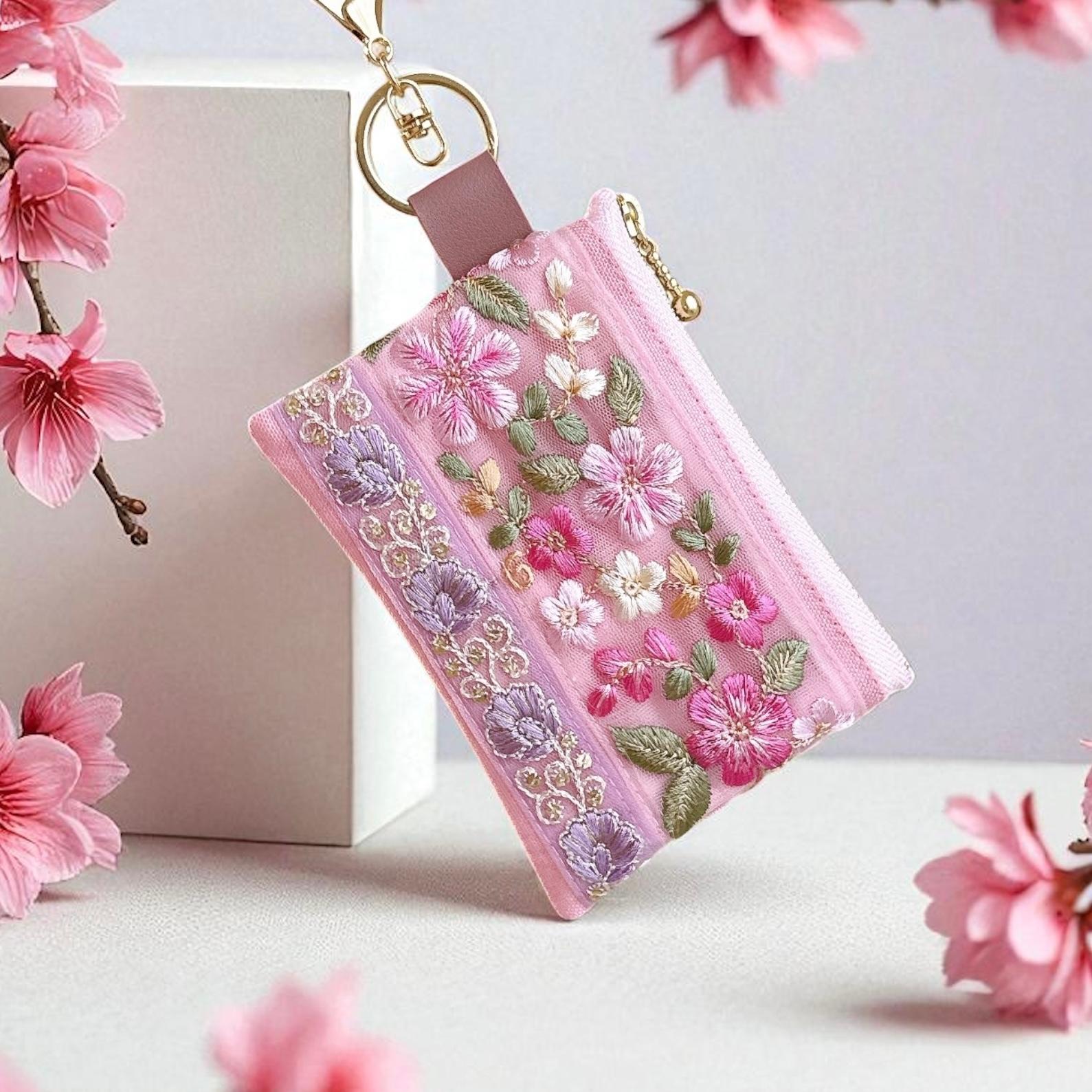 桜ピンク/インド刺繍×帆布/キーホルダー付きフラットポーチ/マルチケース | 3枚目