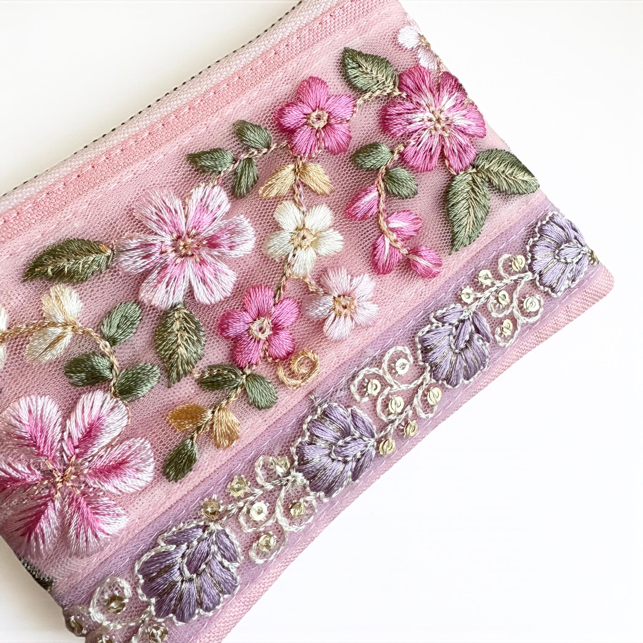 桜ピンク/インド刺繍×帆布/キーホルダー付きフラットポーチ/マルチケース | 5枚目