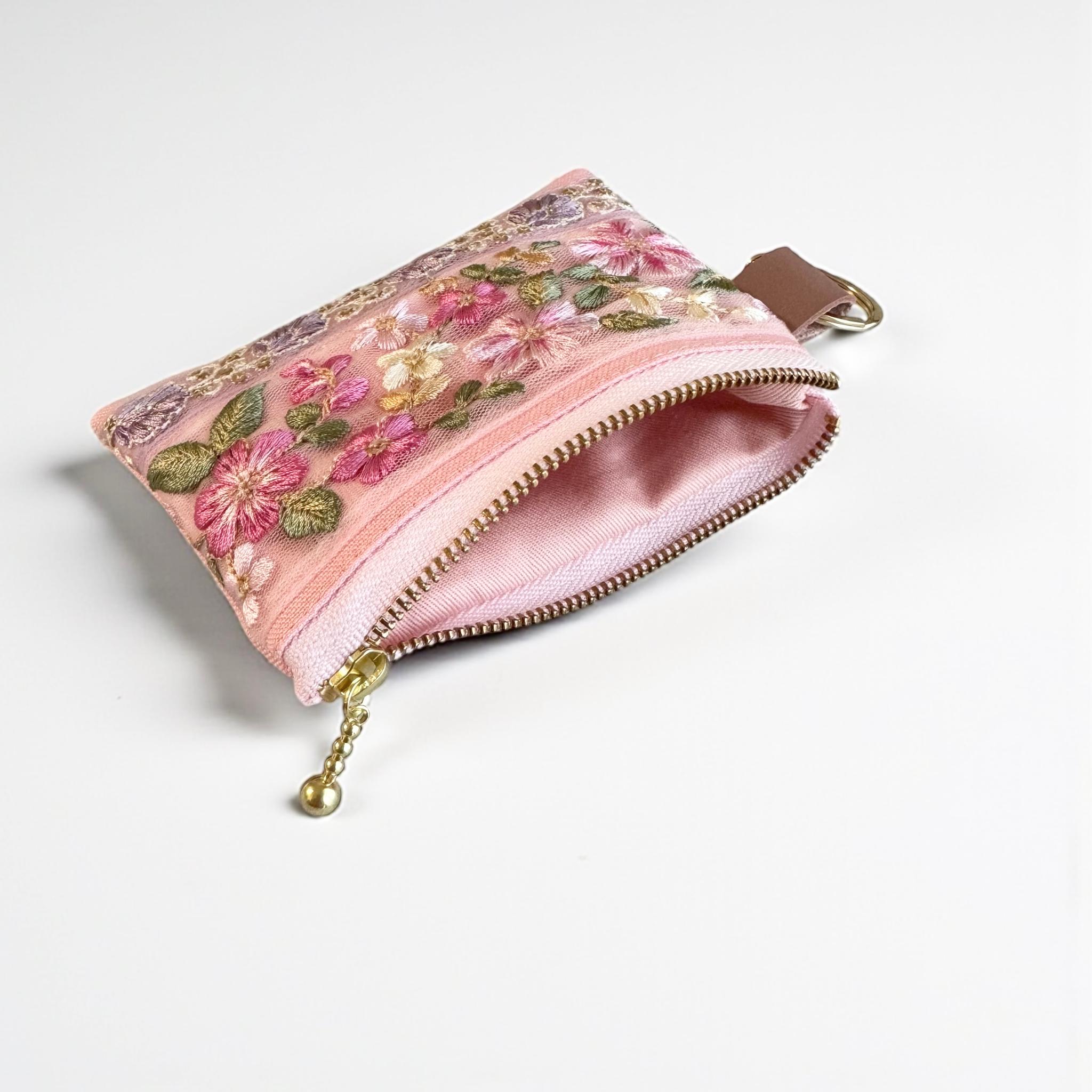 桜ピンク/インド刺繍×帆布/キーホルダー付きフラットポーチ/マルチケース | 7枚目