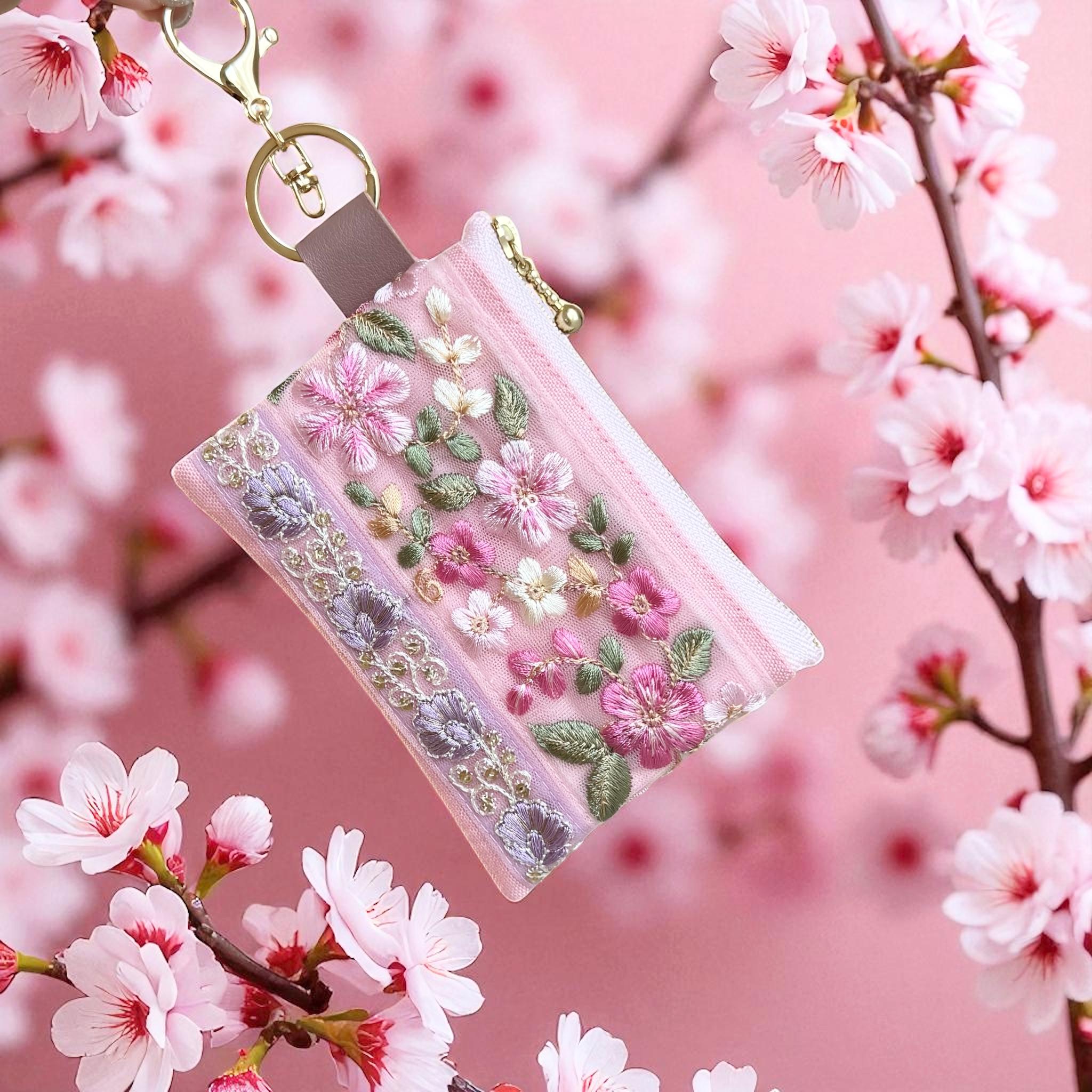 桜ピンク/インド刺繍×帆布/キーホルダー付きフラットポーチ/マルチケース | 8枚目