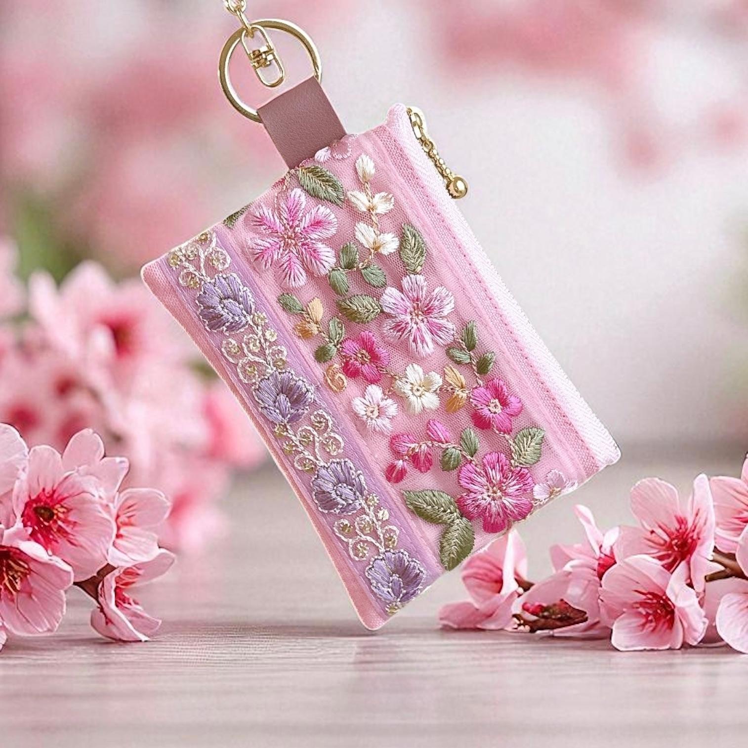 桜ピンク/インド刺繍×帆布/キーホルダー付きフラットポーチ/マルチケース | 9枚目