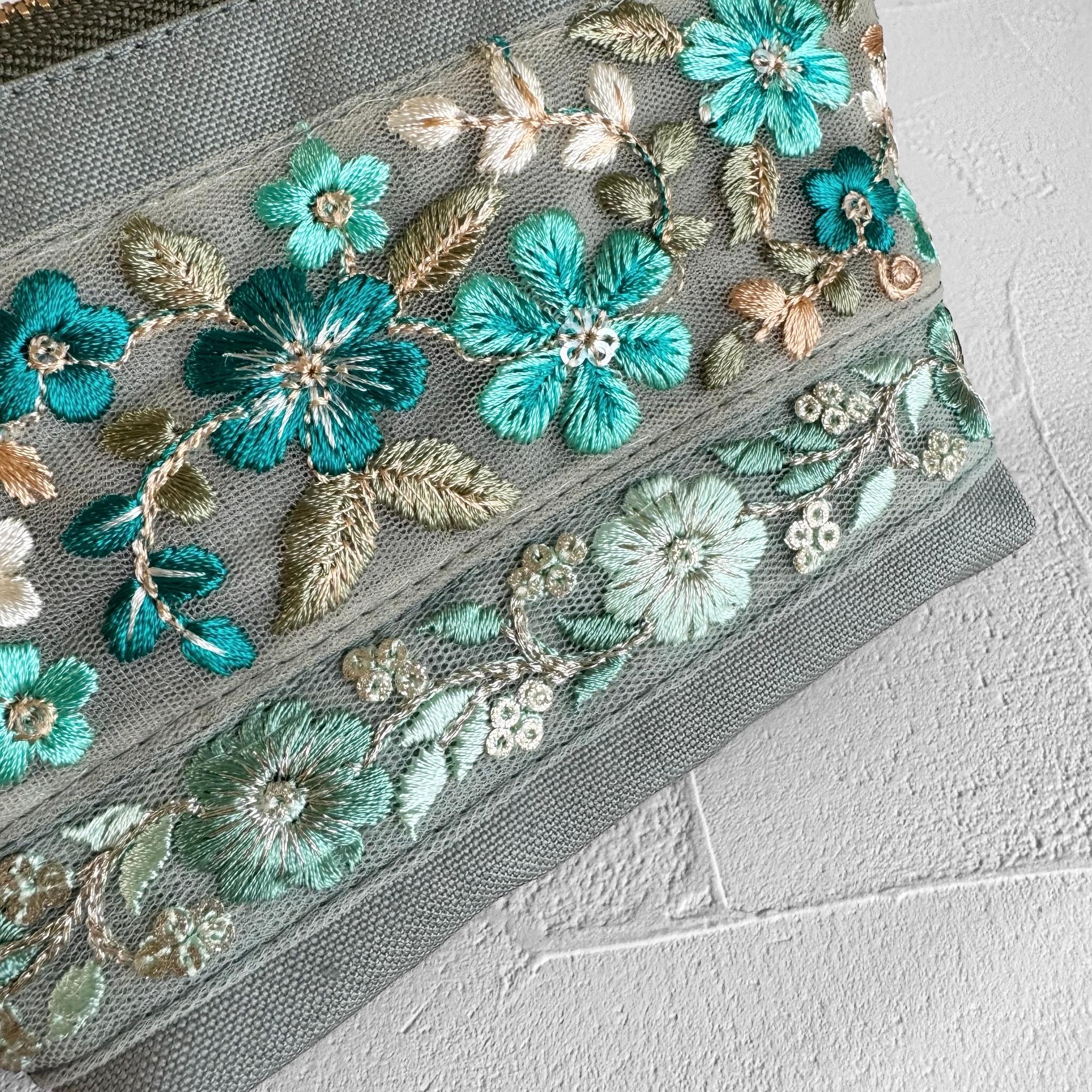 エメラルドグリーン/インド刺繍◆外ポケット付きマチ付きポーチ/マルチポーチ【S】 | 3枚目