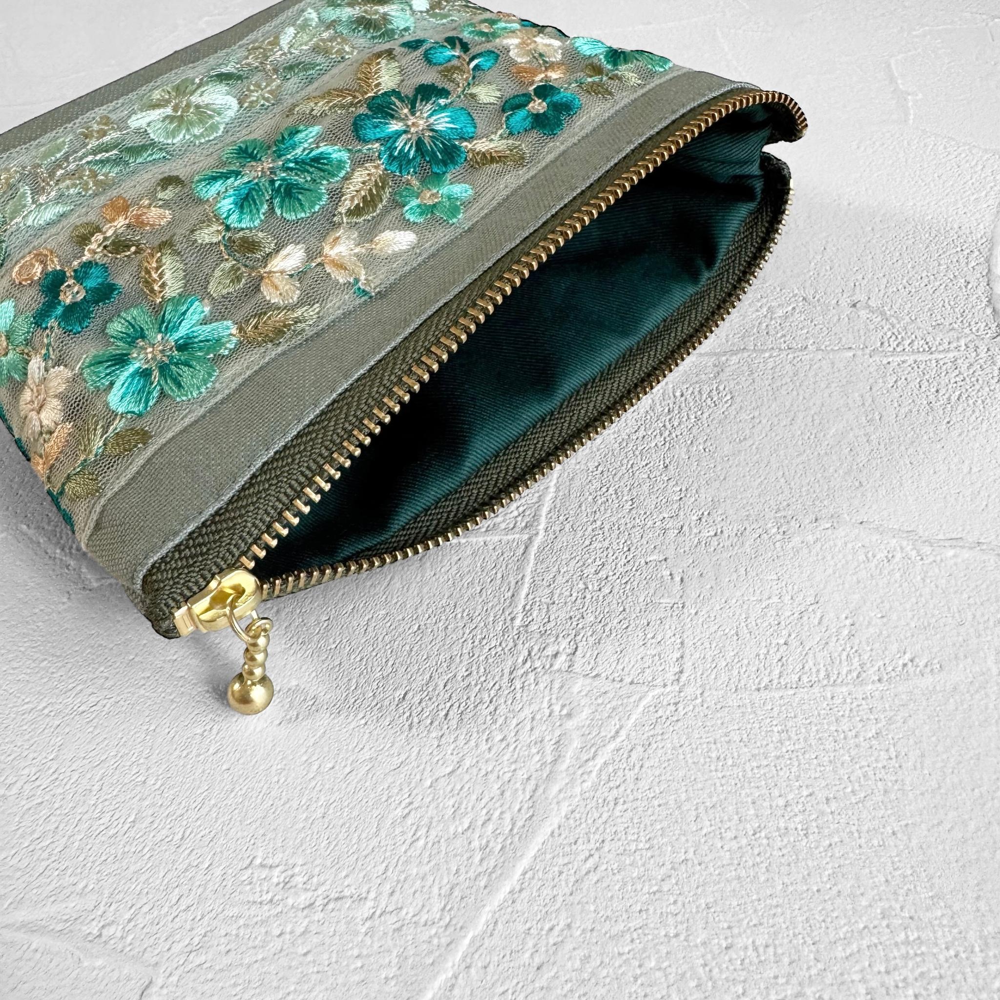 エメラルドグリーン/インド刺繍◆外ポケット付きマチ付きポーチ/マルチポーチ【S】 | 4枚目