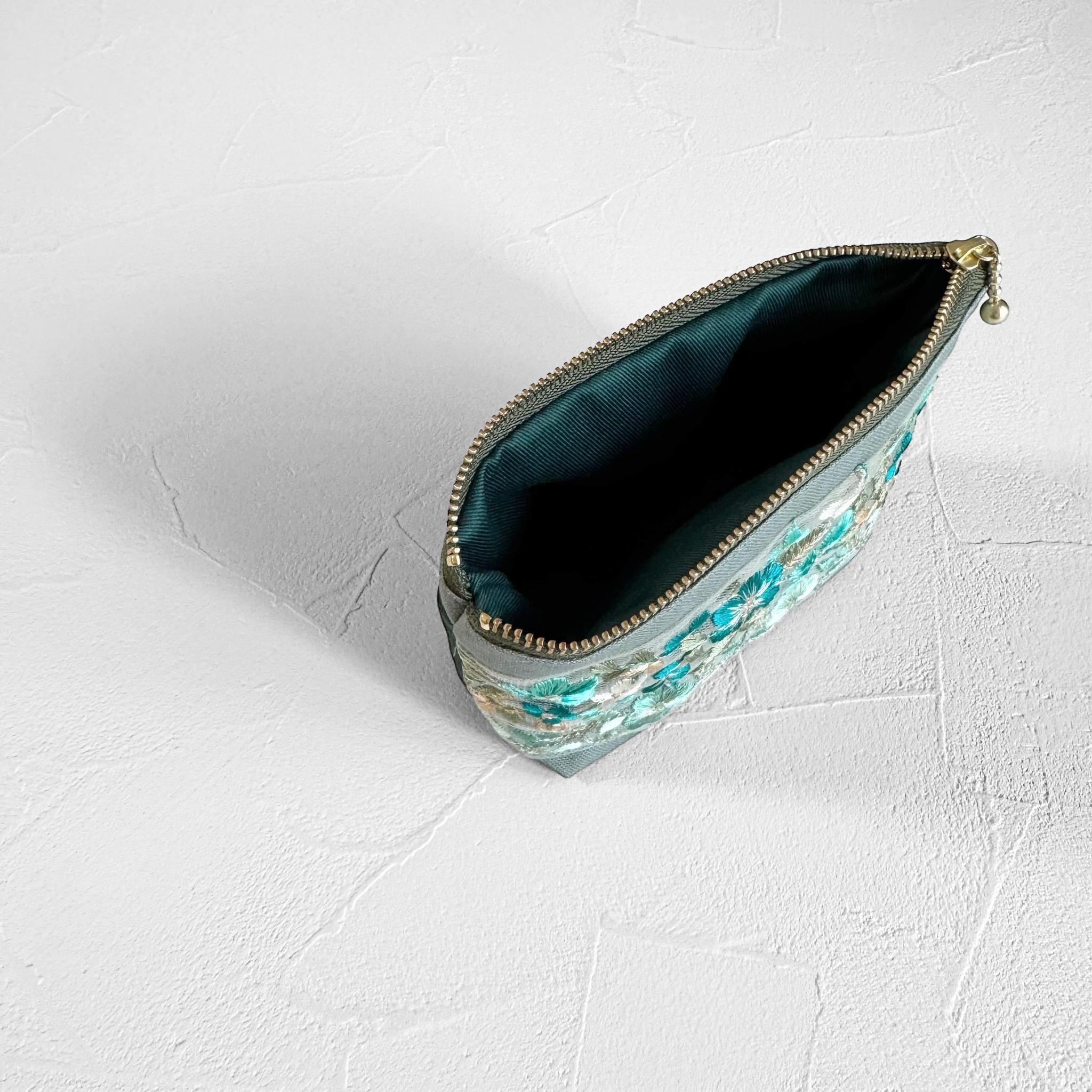 エメラルドグリーン/インド刺繍◆外ポケット付きマチ付きポーチ/マルチポーチ【S】 | 5枚目